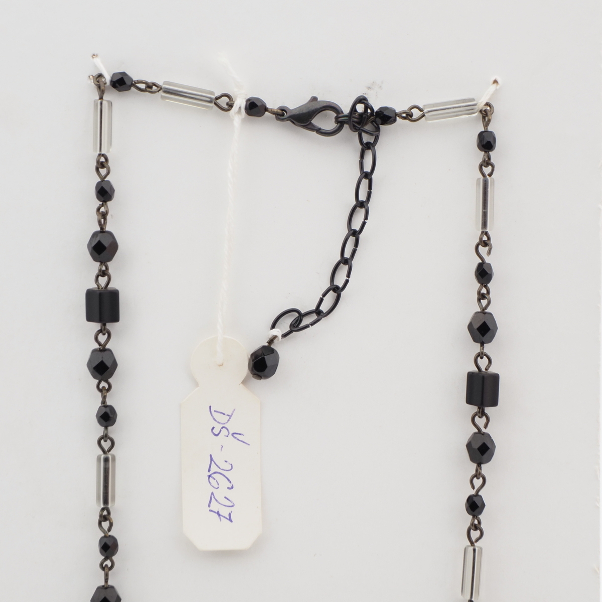 Vintage Czech link necklace black clear round faceted bugle glass beads
