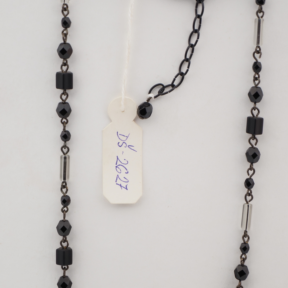 Vintage Czech link necklace black clear round faceted bugle glass beads