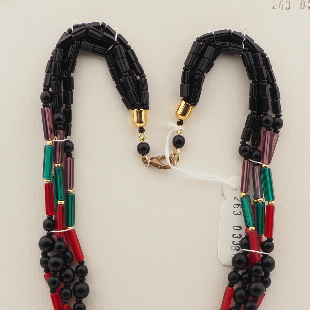 Vintage Czech 4 strand necklace black green red purple glass beads