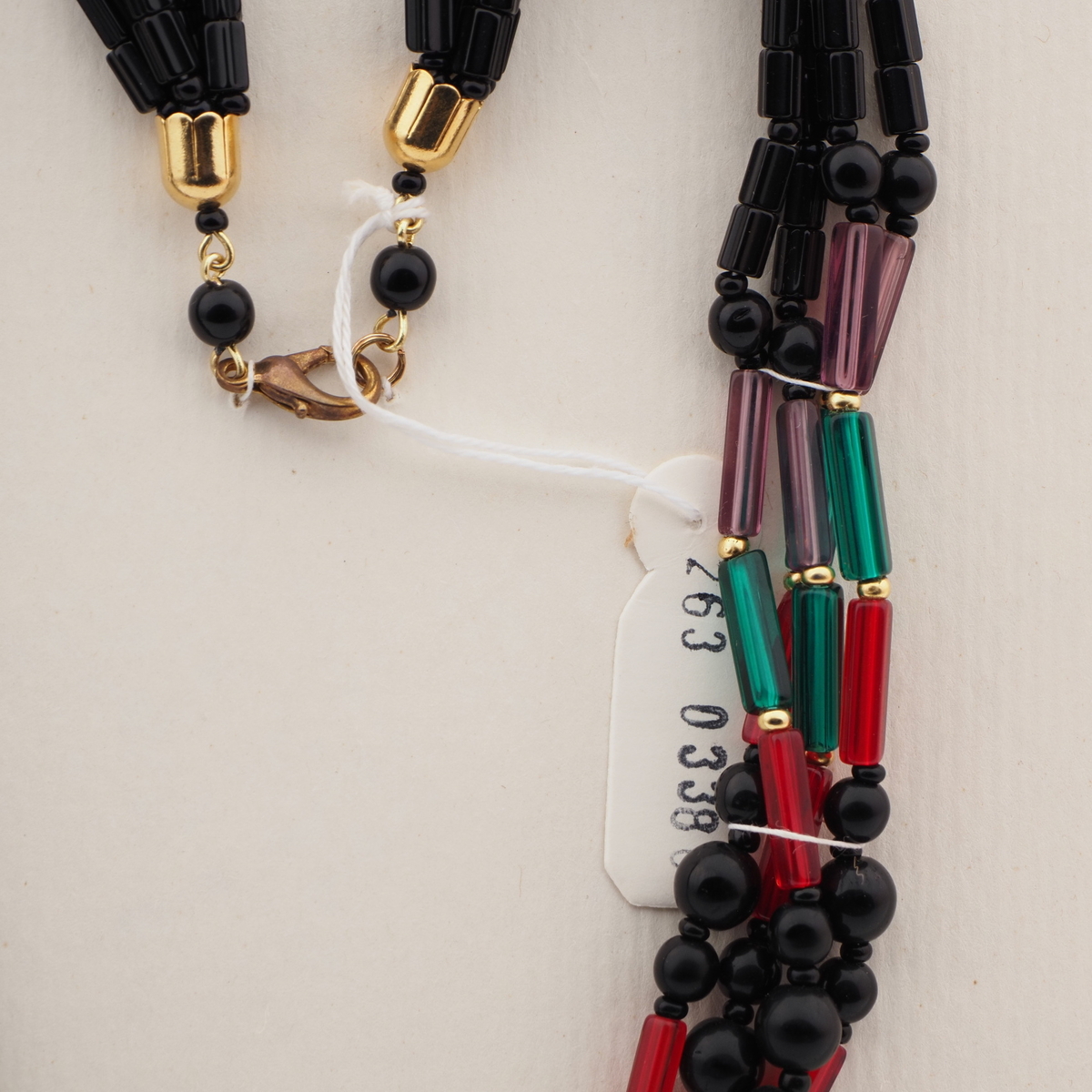 Vintage Czech 4 strand necklace black green red purple glass beads