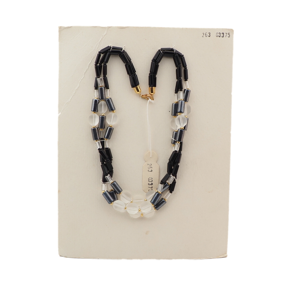 Vintage Czech 3 strand necklace black clear hematite hexagon frost glass beads
