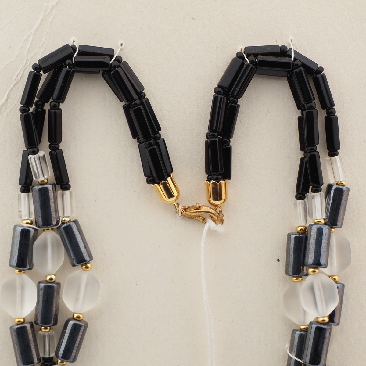 Vintage Czech 3 strand necklace black clear hematite hexagon frost glass beads
