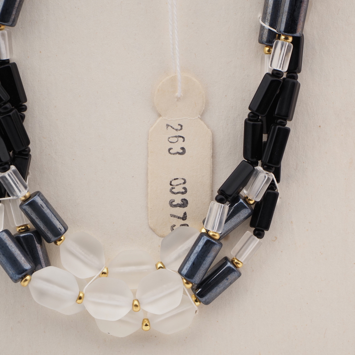 Vintage Czech 3 strand necklace black clear hematite hexagon frost glass beads