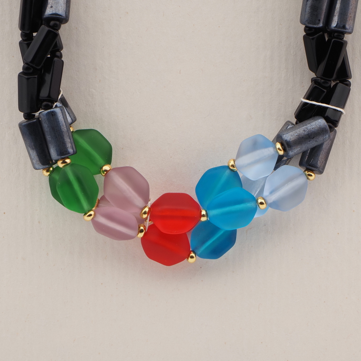 Vintage Czech 3 strand necklace black hematite hexagon frost glass beads
