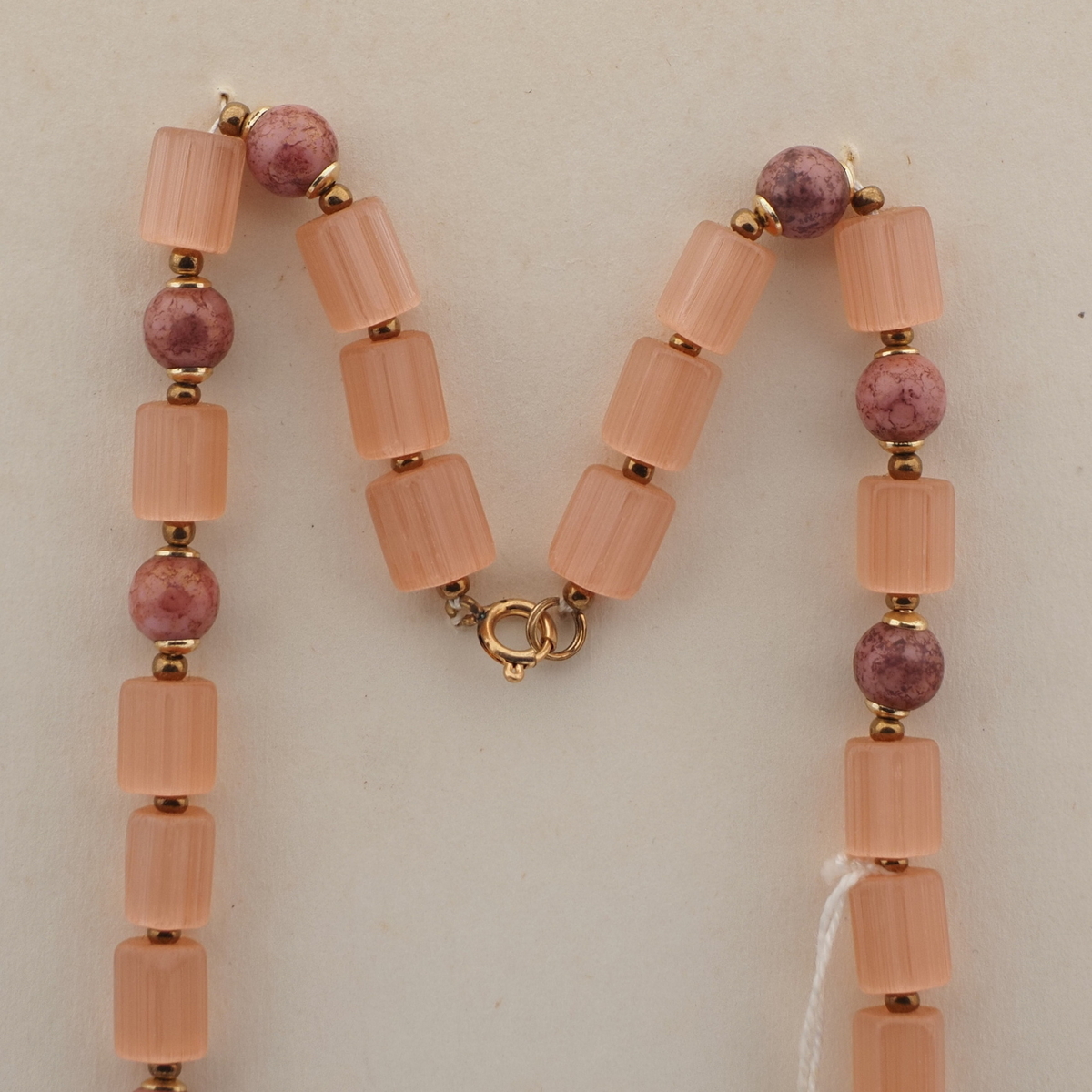 Vintage Czech necklace salmon pink satin atlas matrix marble glass beads