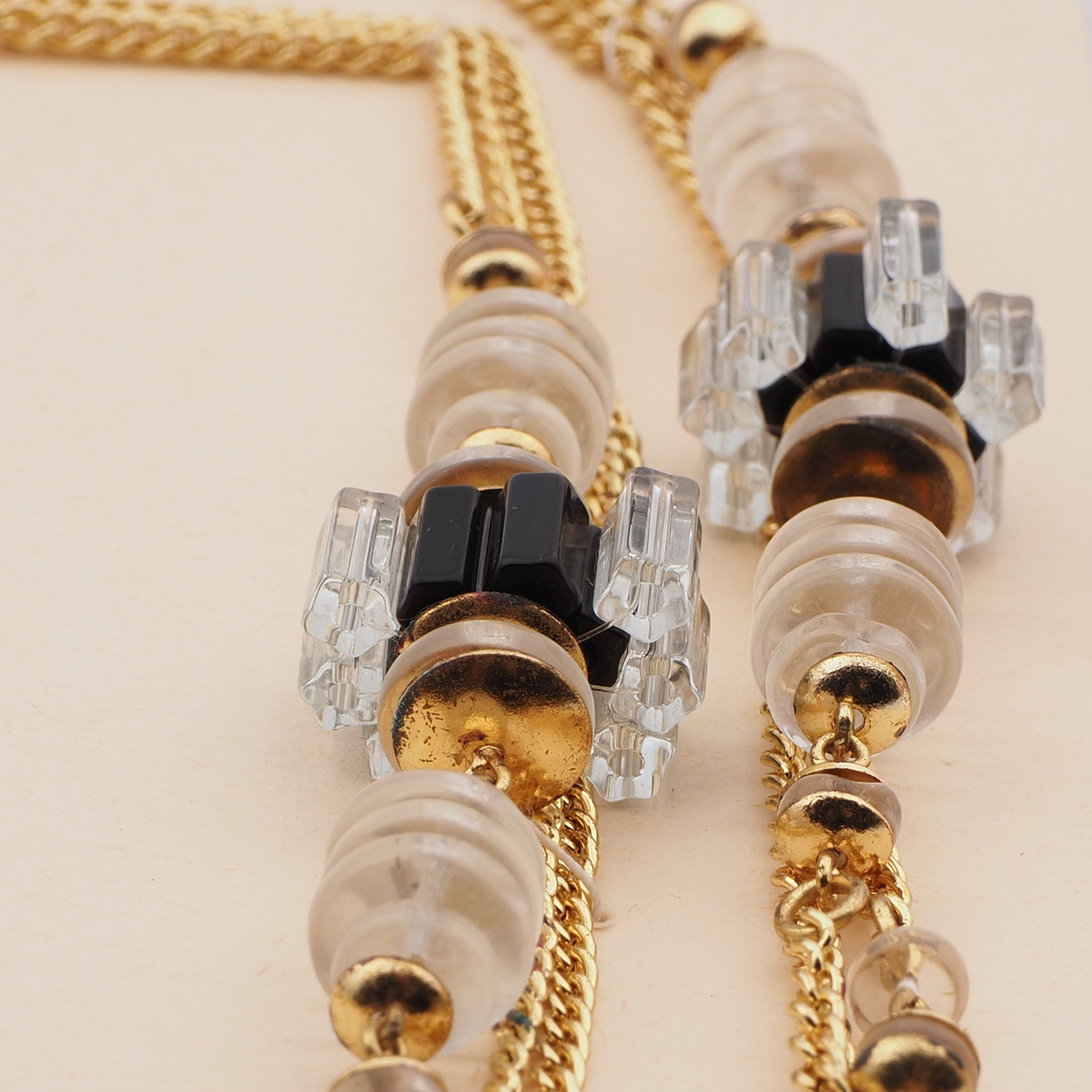 Vintage Czech gold chain necklace clear black rondelle cluster glass beads