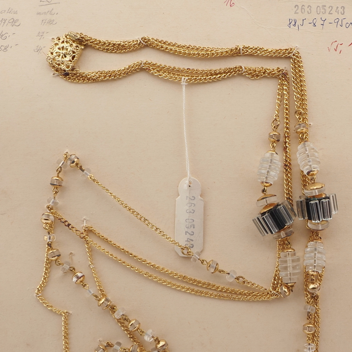 Vintage Czech gold chain necklace clear black rondelle cluster glass beads 