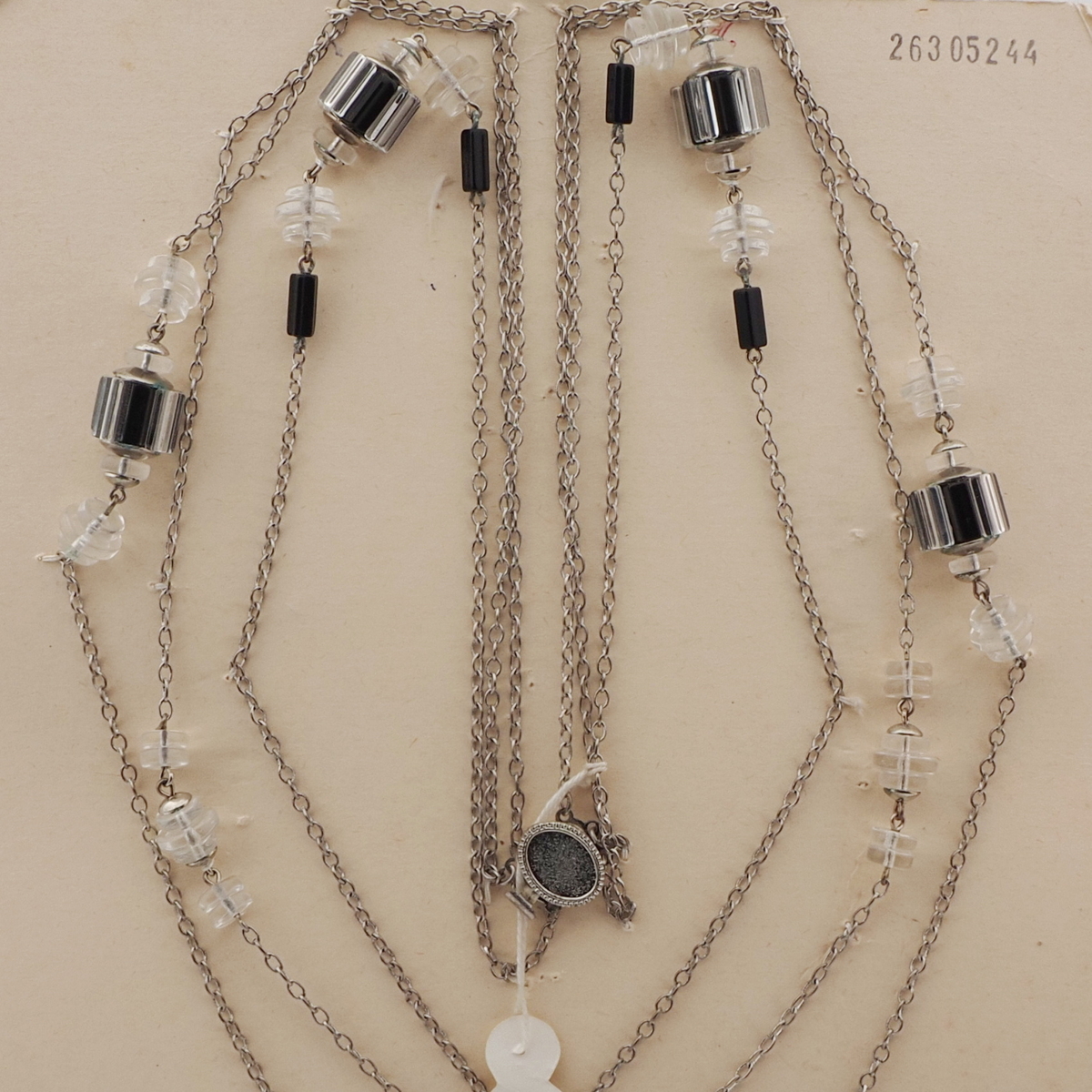 Vintage Czech silver chain necklace clear black rondelle cluster glass beads 