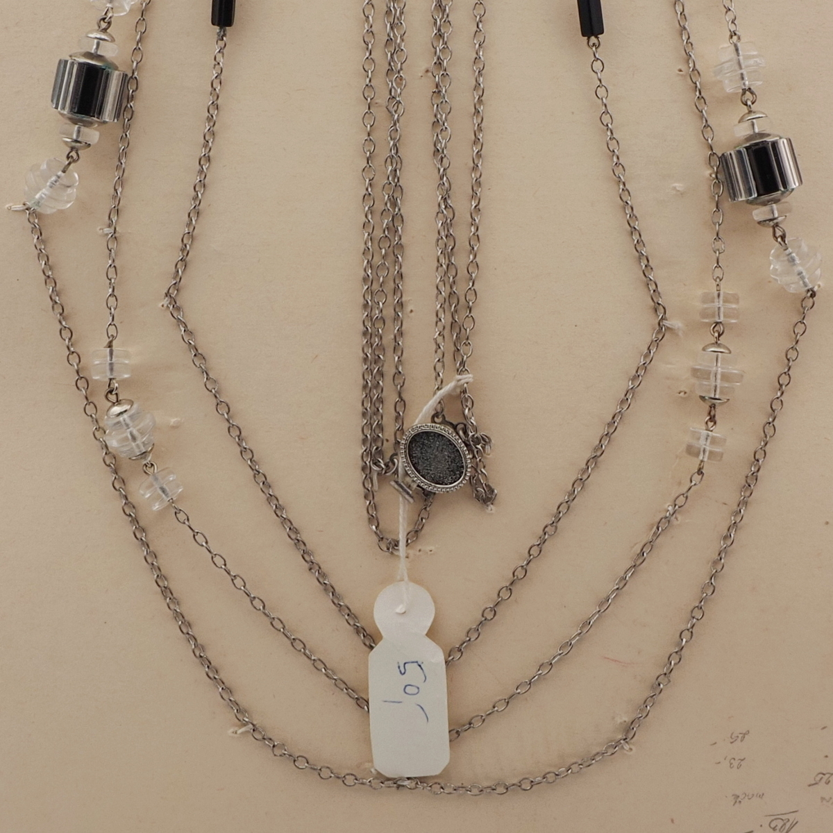 Vintage Czech silver chain necklace clear black rondelle cluster glass beads 