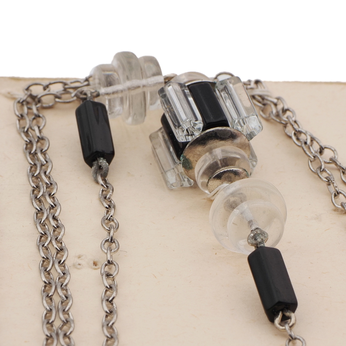 Vintage Czech silver chain necklace clear black rondelle cluster glass beads 