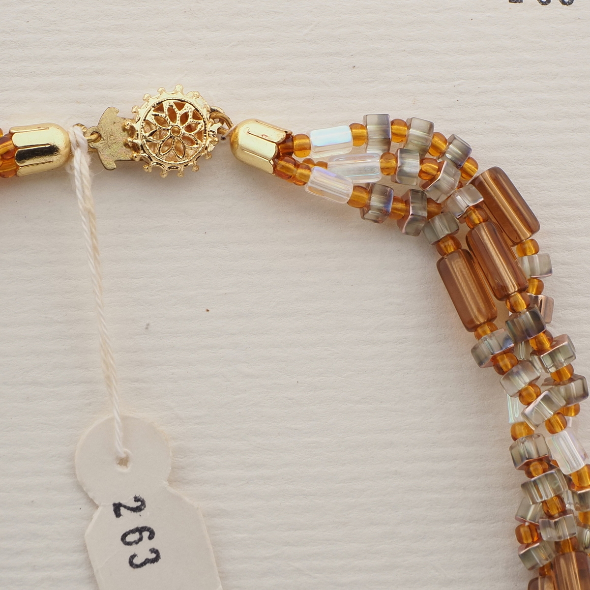Vintage Czech 3 strand necklace topaz AB pentagon bugle glass beads 