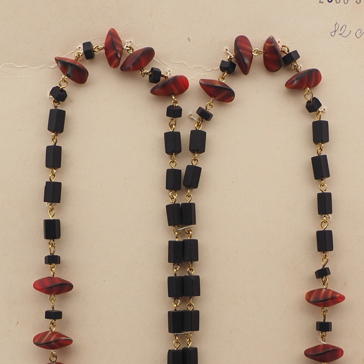 Vintage Czech link necklace matte black marble nugget glass beads 
