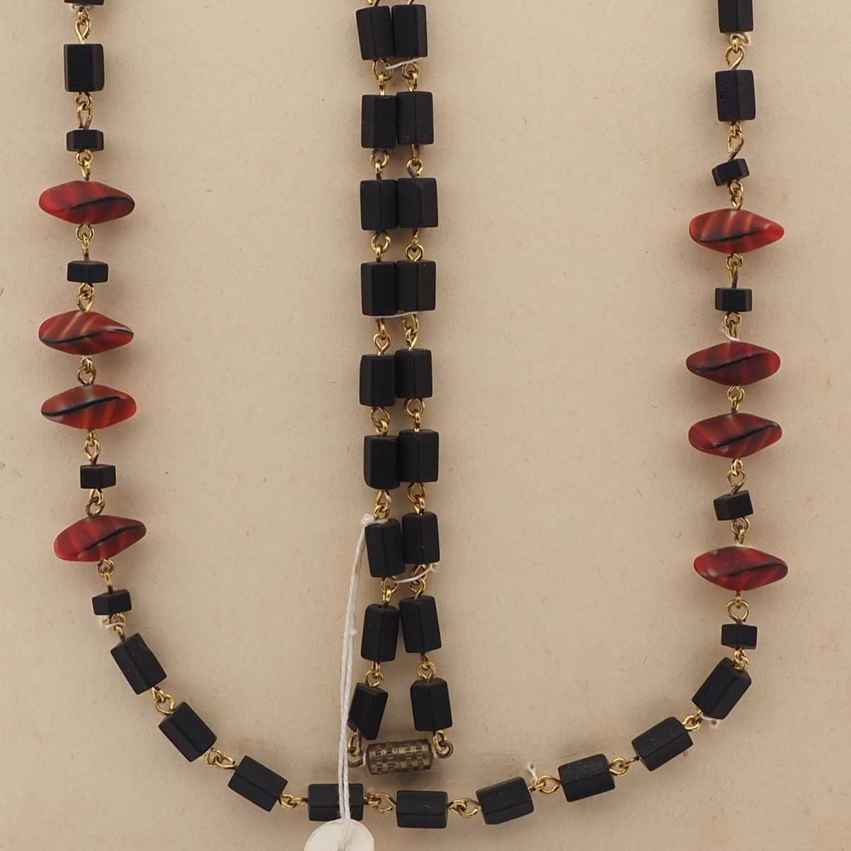 Vintage Czech link necklace matte black marble nugget glass beads 