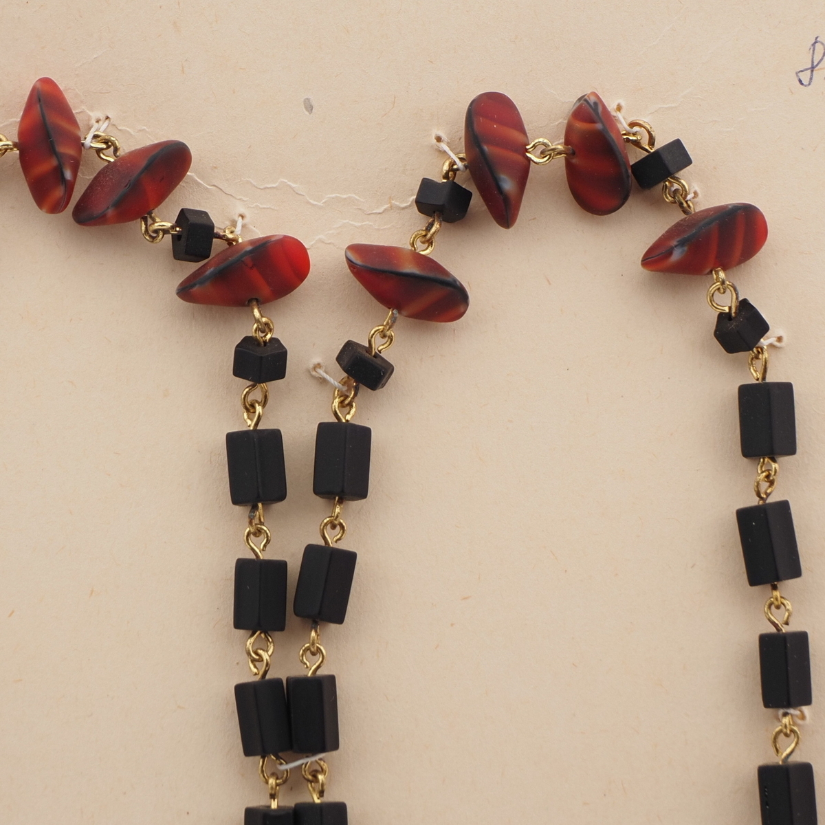 Vintage Czech link necklace matte black marble nugget glass beads 