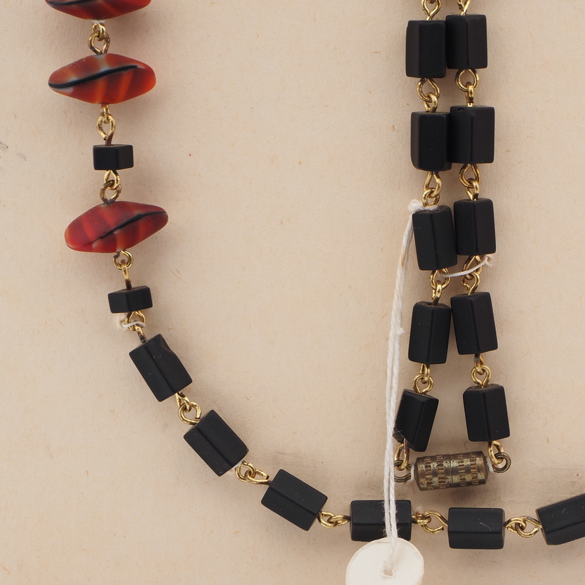 Vintage Czech link necklace matte black marble nugget glass beads 