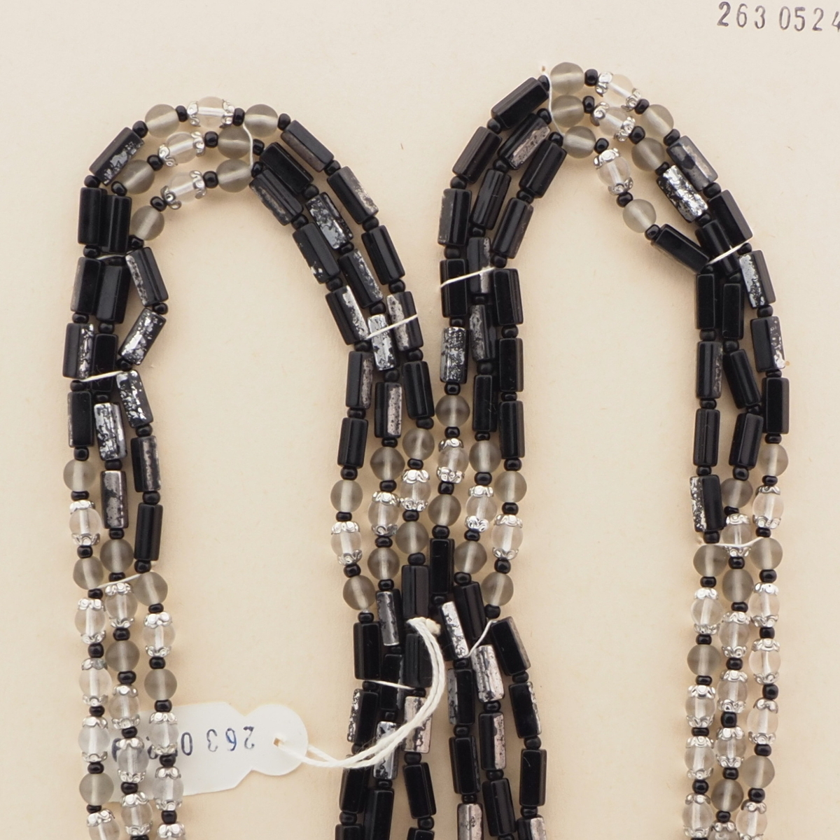 Vintage Czech 3 strand necklace black part silvered bugle frost glass beads 