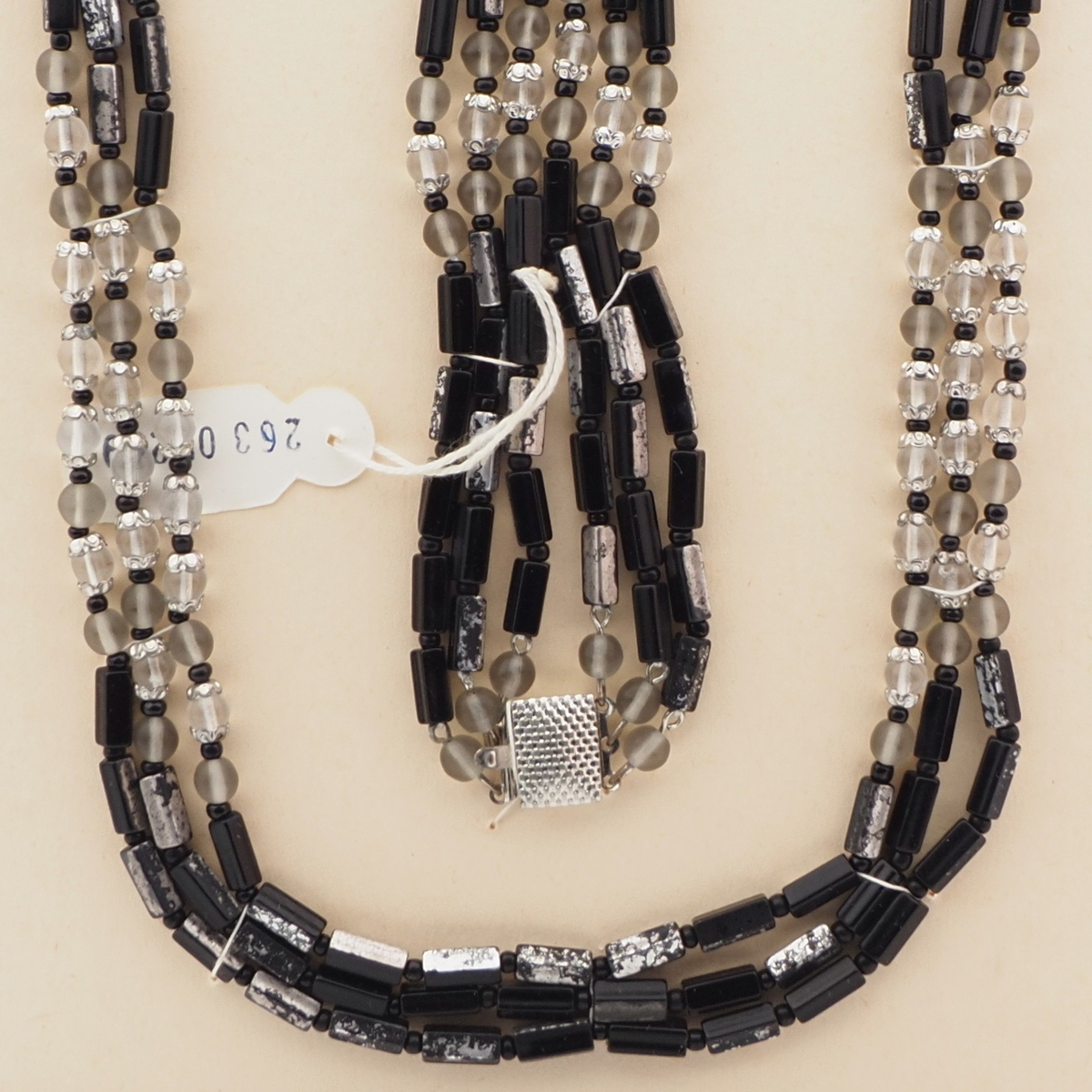 Vintage Czech 3 strand necklace black part silvered bugle frost glass beads 