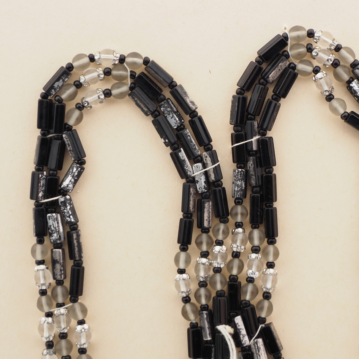Vintage Czech 3 strand necklace black part silvered bugle frost glass beads 