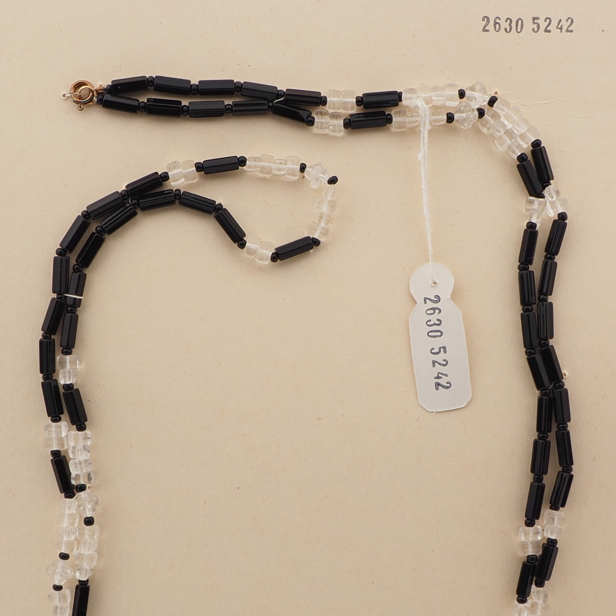 Long vintage Czech necklace black pentagon bugle clear rectangle glass beads 