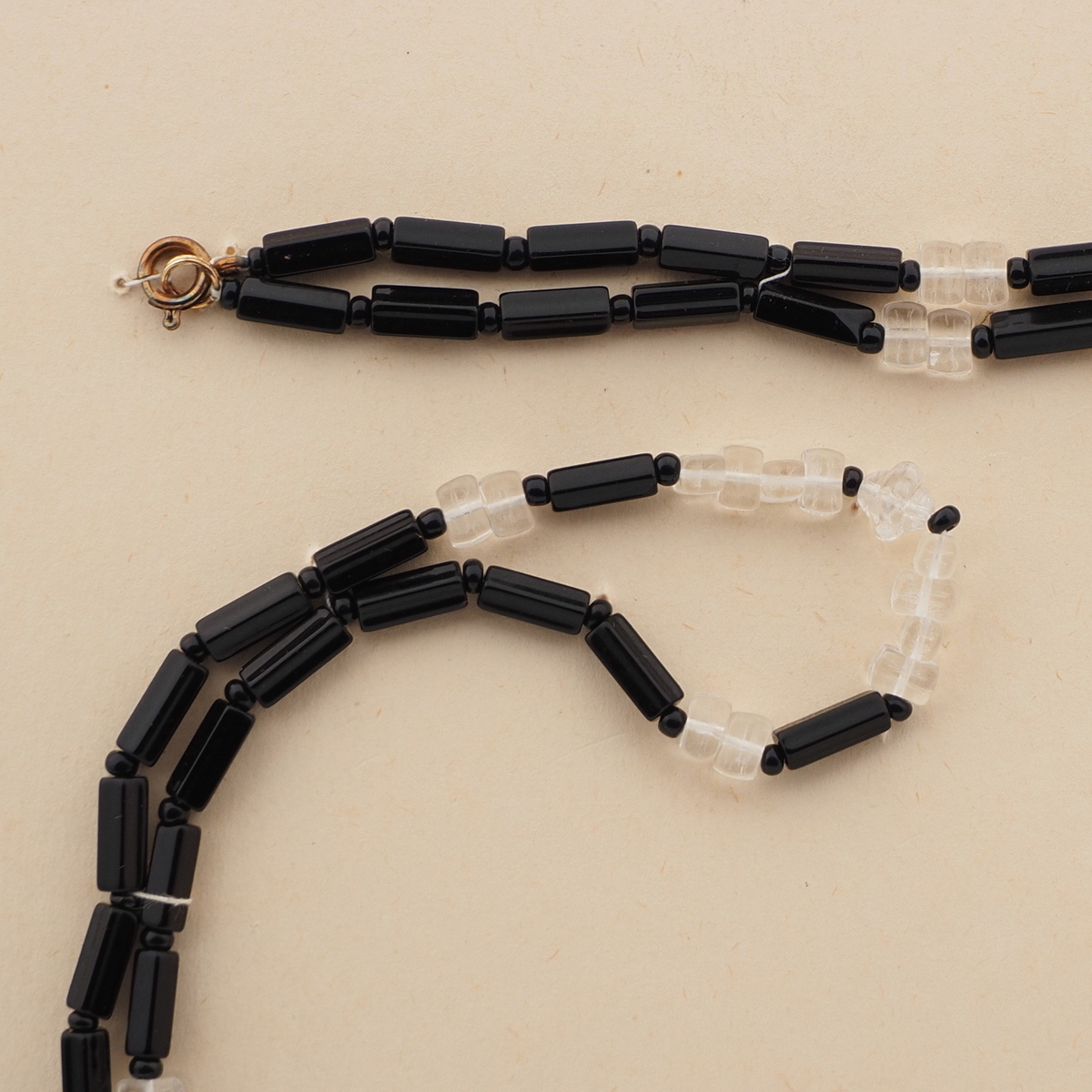 Long vintage Czech necklace black pentagon bugle clear rectangle glass beads 