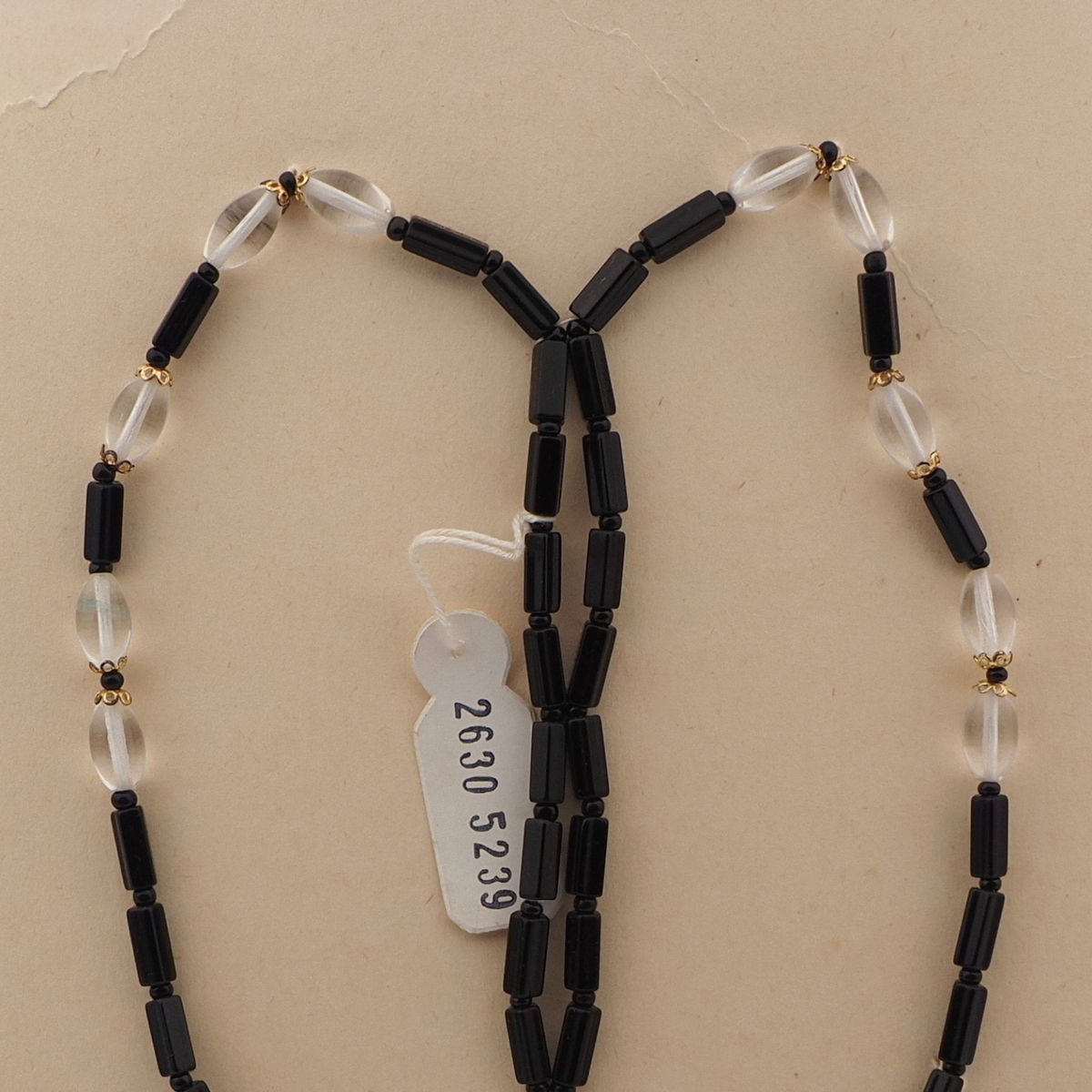 Vintage Czech necklace black pentagon bugle clear oval glass beads 