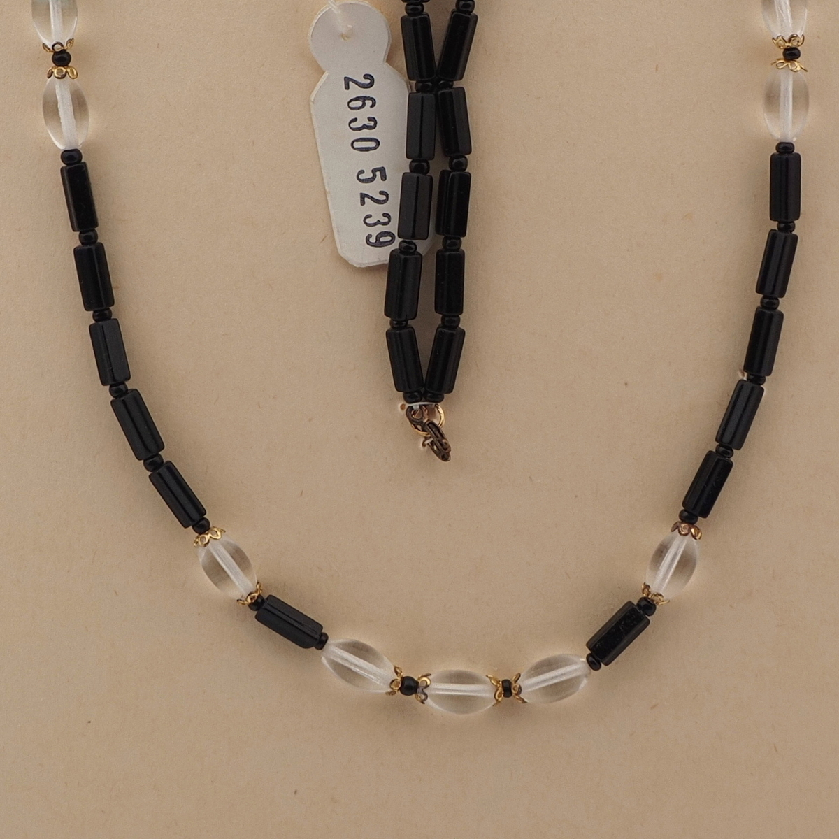 Vintage Czech necklace black pentagon bugle clear oval glass beads 