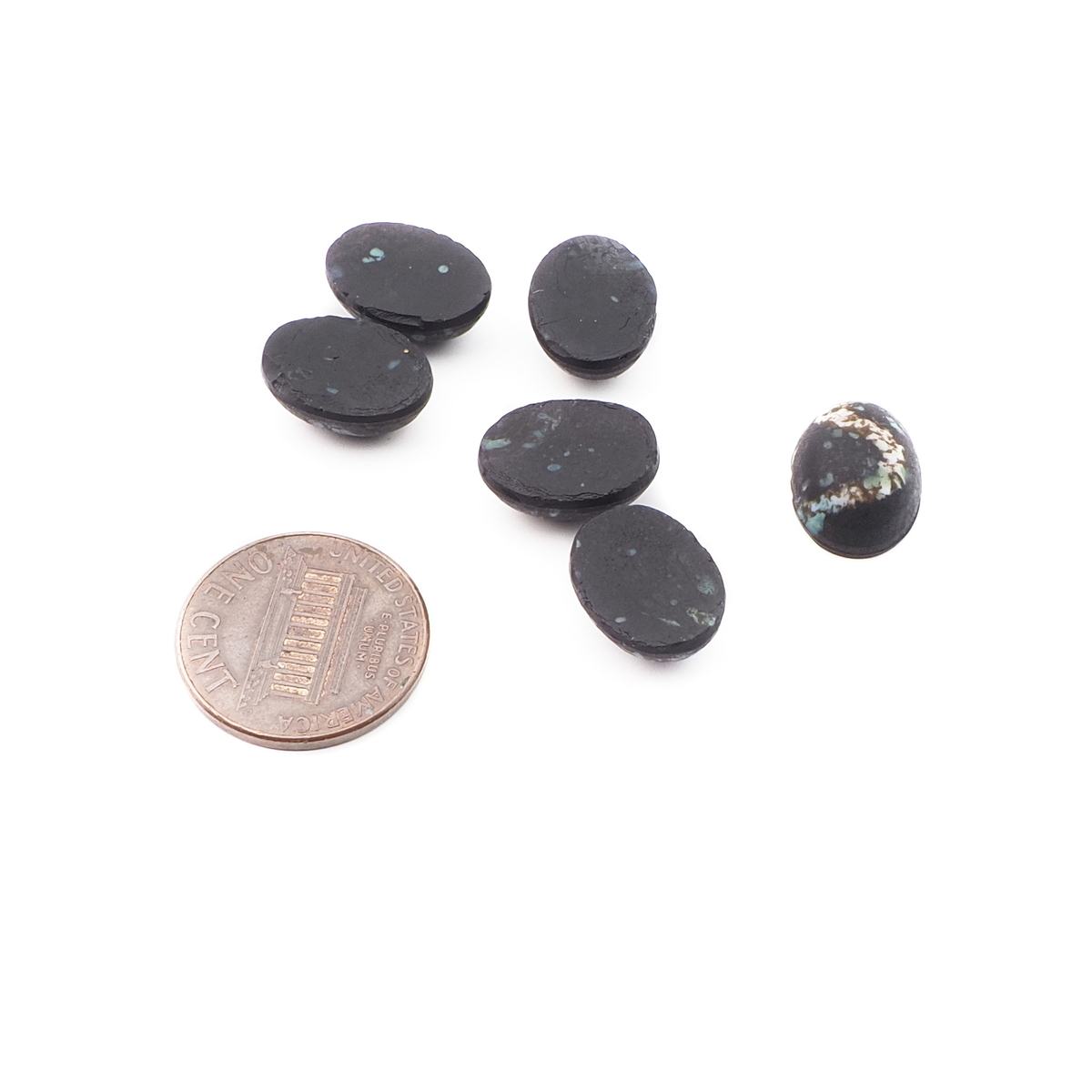 Lot (6) Vintage Czech spatter marble black oval glass cabochons 14x10mm