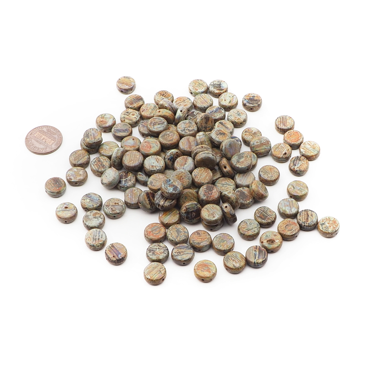 Lot (118) Czech marble round coin glass beads 10mm