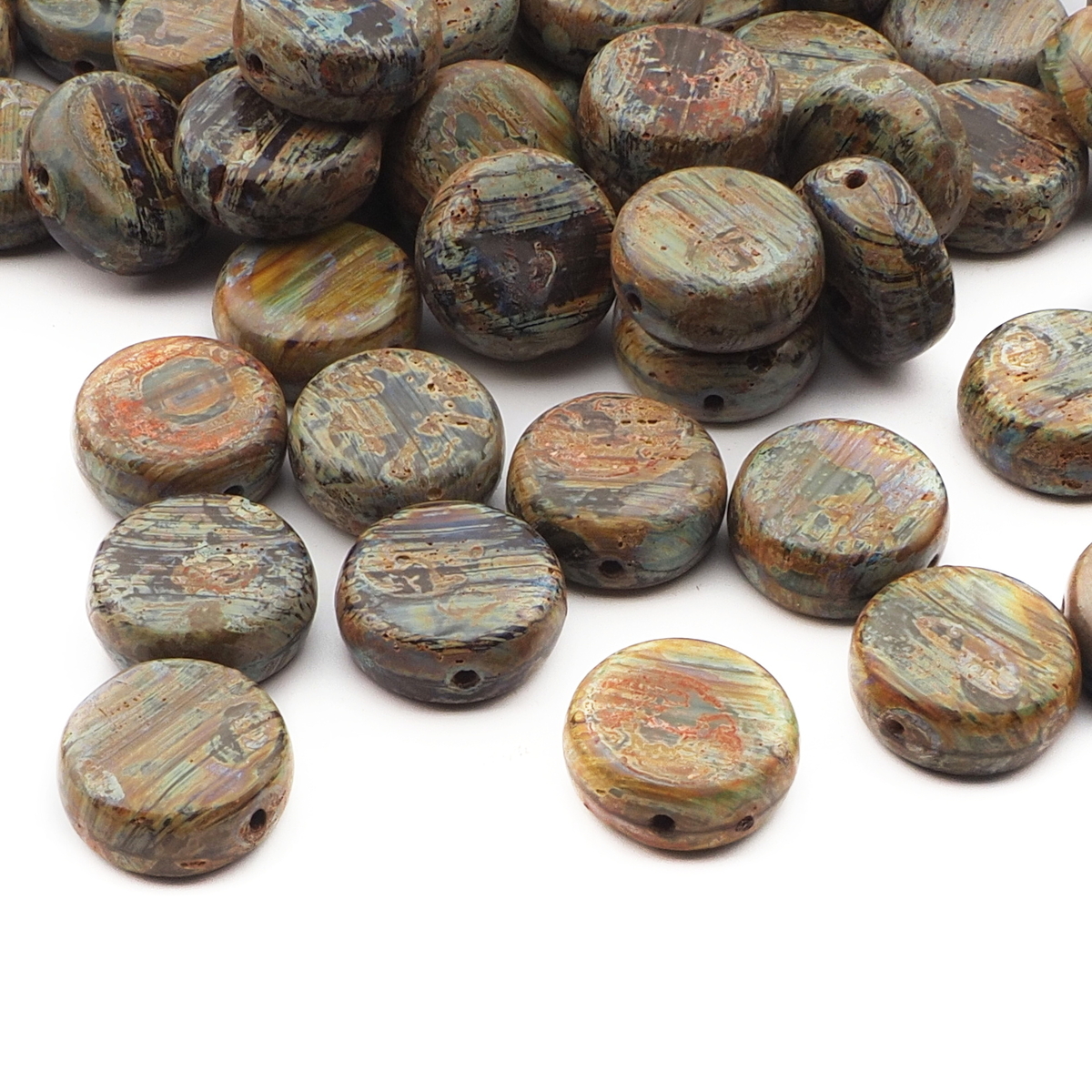 Lot (118) Czech marble round coin glass beads 10mm