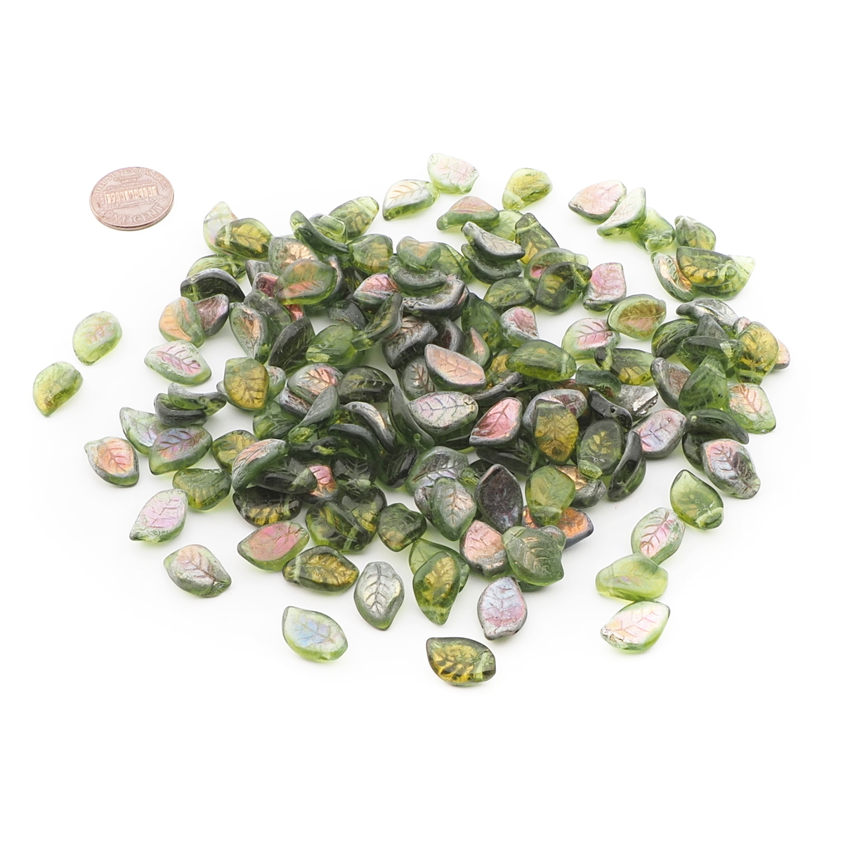 Lot (150) Czech lustre green leaf pendant glass beads 14mm