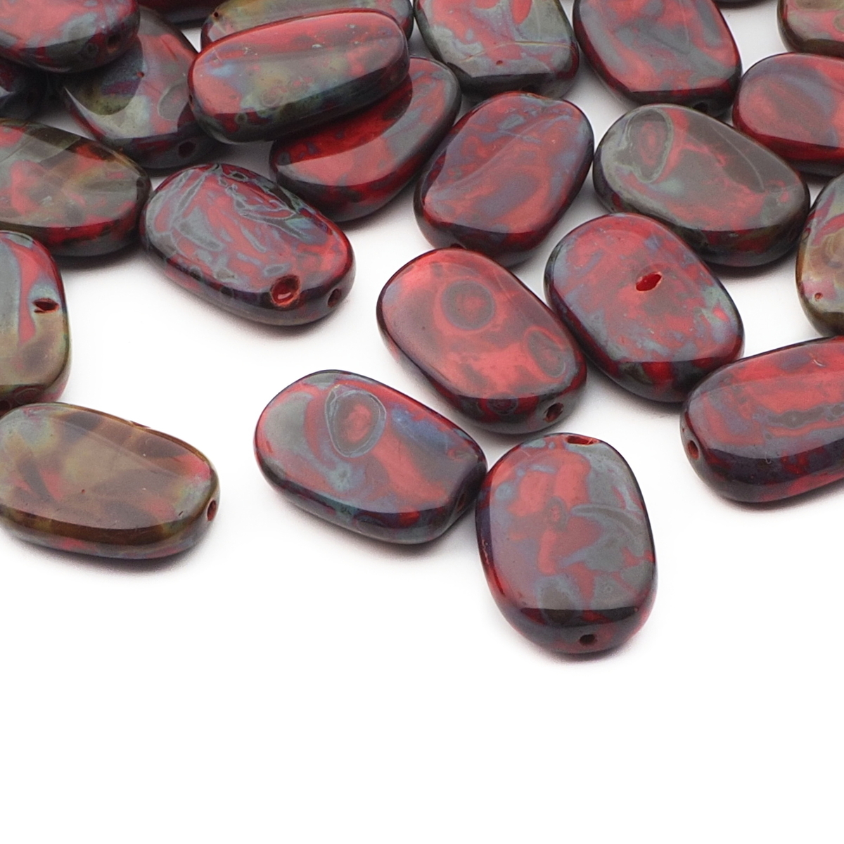 Lot (58) Czech marbled flat oval glass beads 18mm