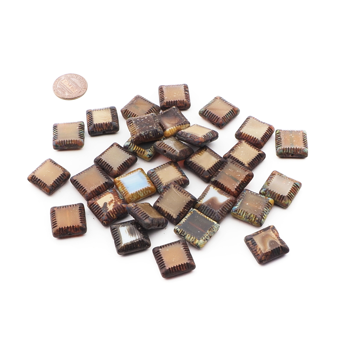 Lot (31) Czech marbled square table cut Picasso glass beads 17mm
