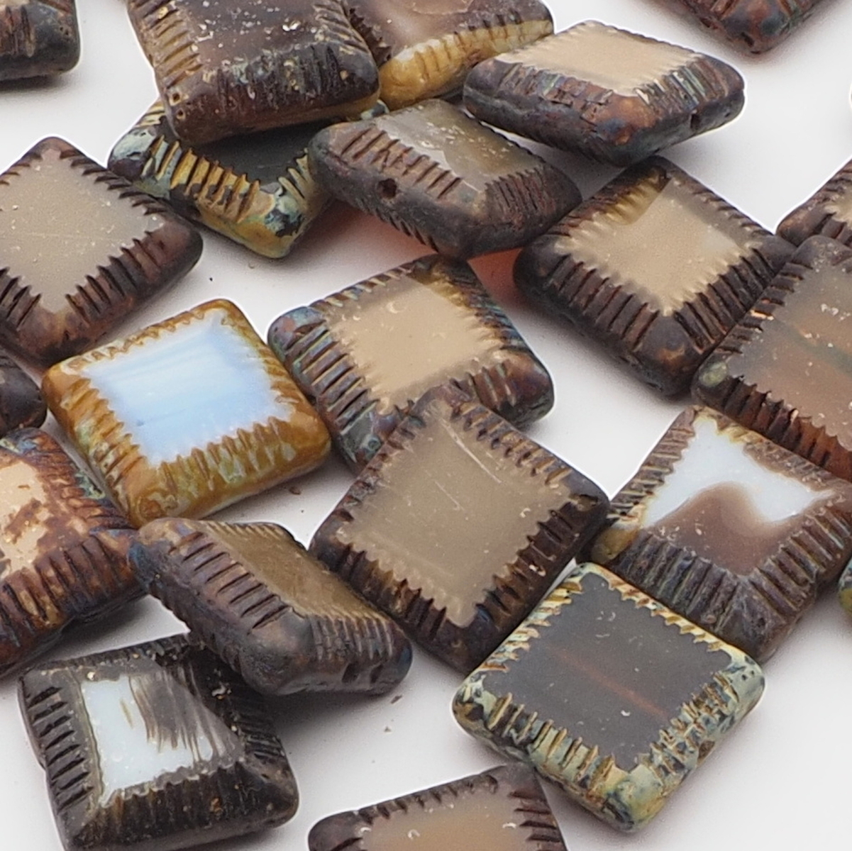 Lot (31) Czech marbled square table cut Picasso glass beads 17mm