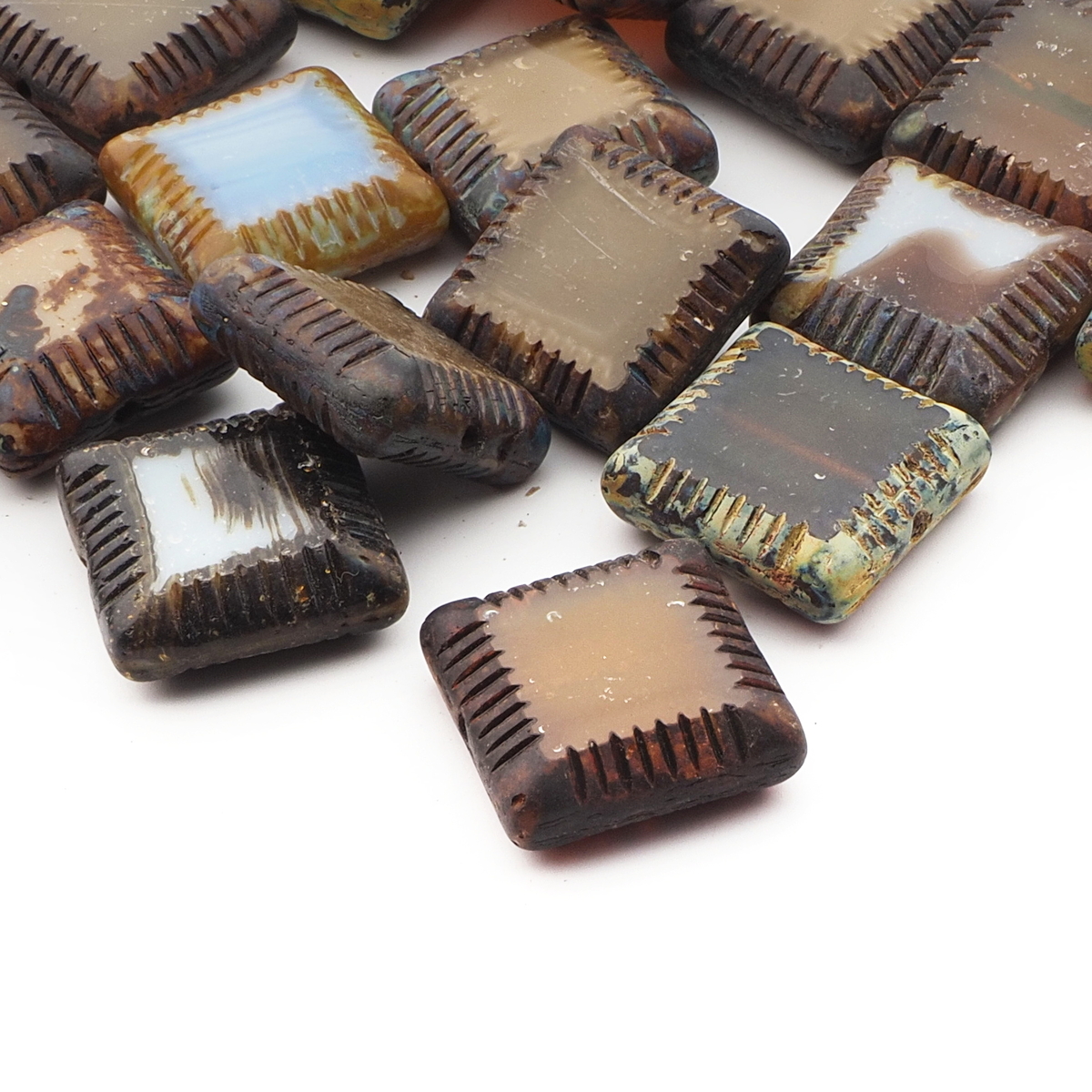 Lot (31) Czech marbled square table cut Picasso glass beads 17mm