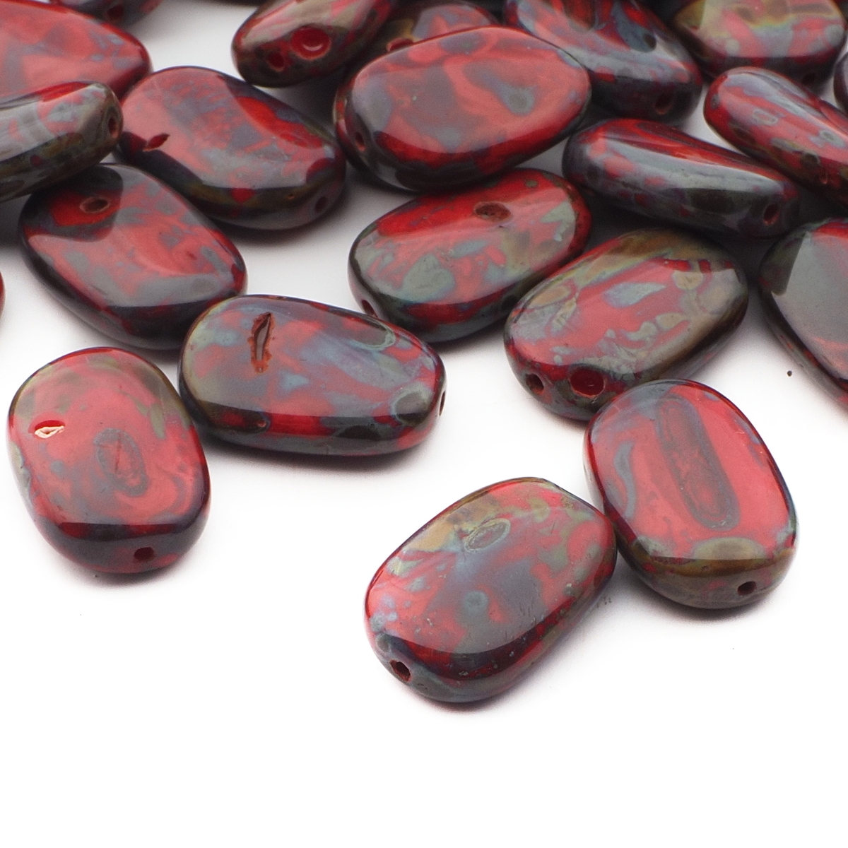 Lot (56) Czech marbled flat oval glass beads 18mm