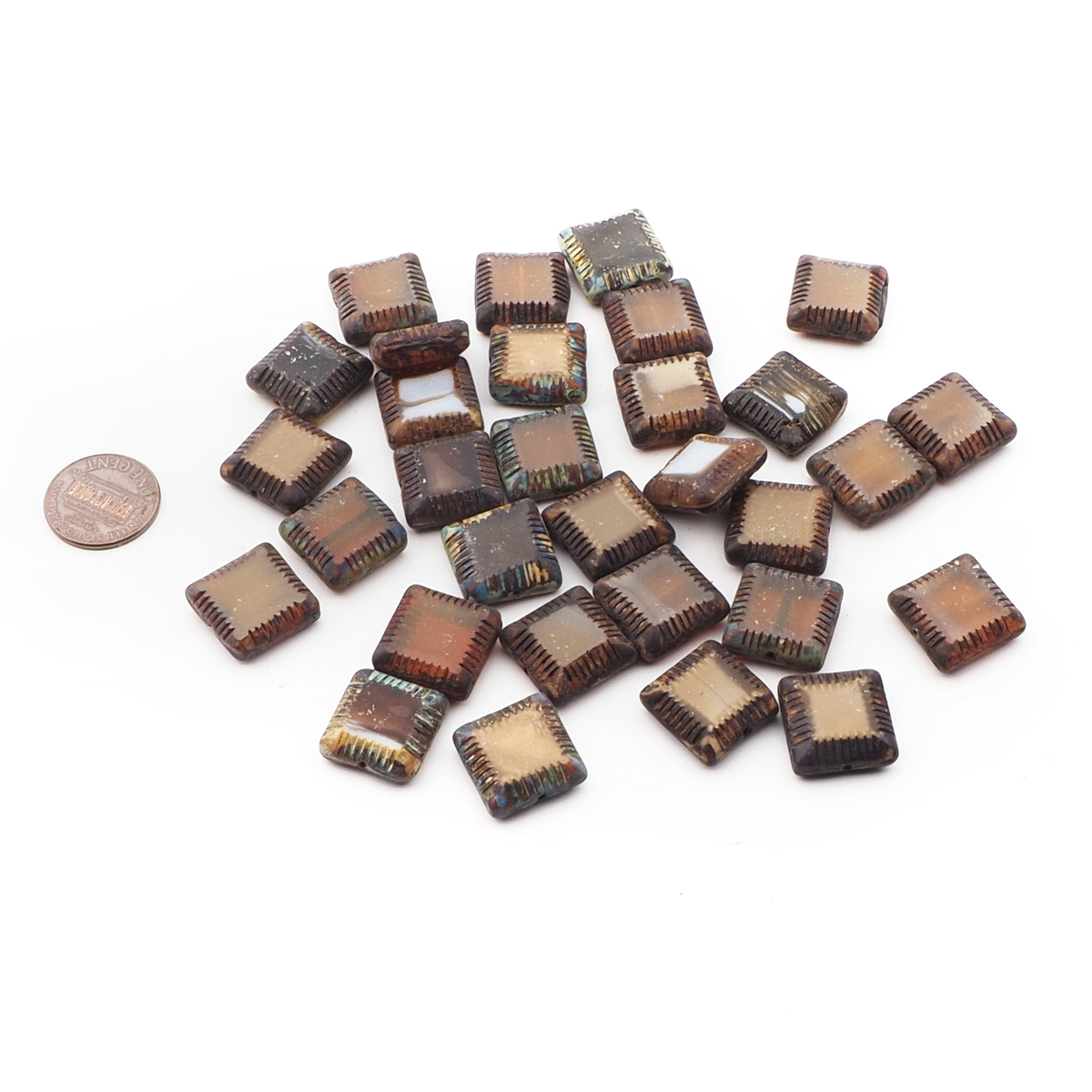 Lot (31) Czech marble square table cut Picasso glass beads 17mm