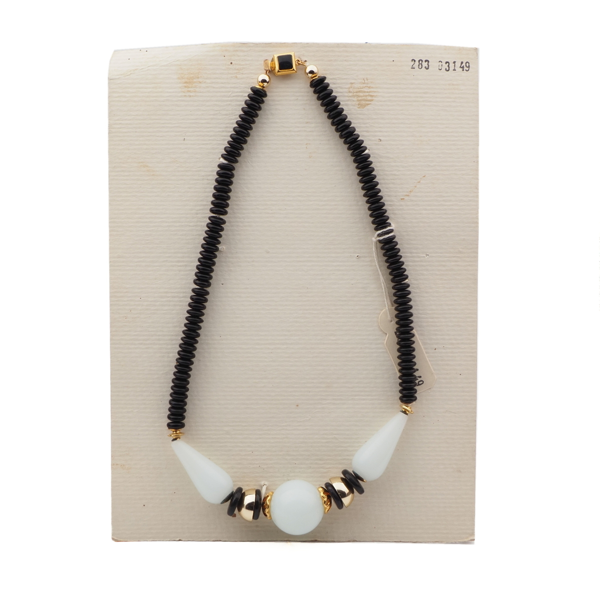 Vintage Czech necklace black rondelle opaline white chunky glass beads
