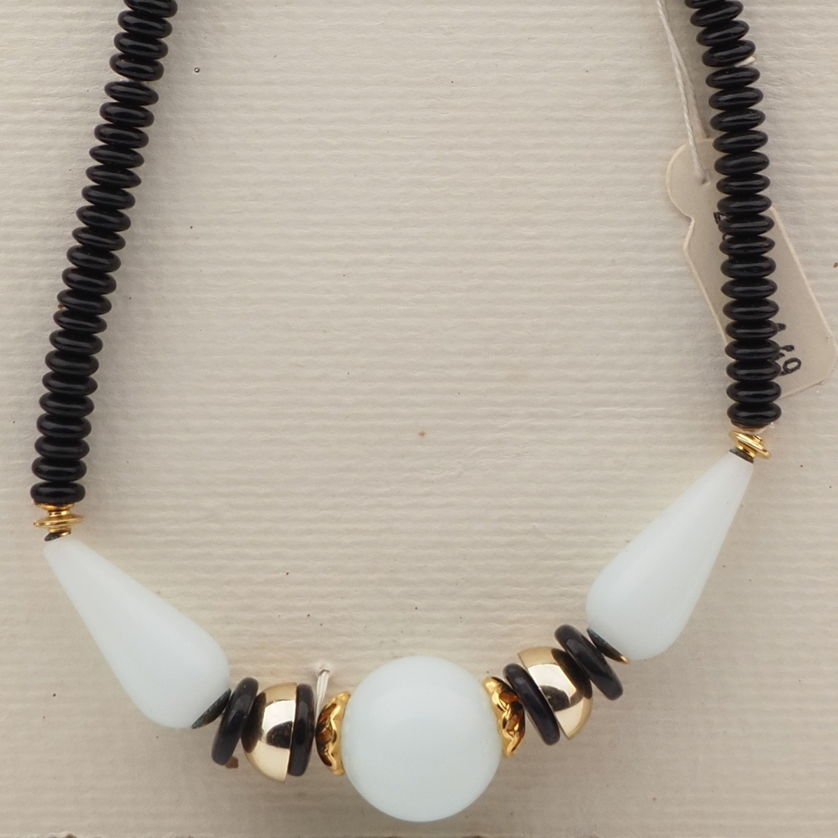 Vintage Czech necklace black rondelle opaline white chunky glass beads
