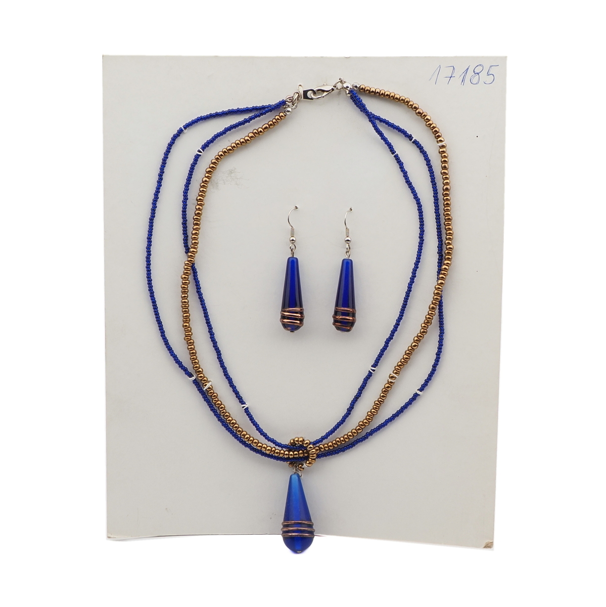 Vintage Czech necklace earring set gold cobalt blue lampwork glass beads 