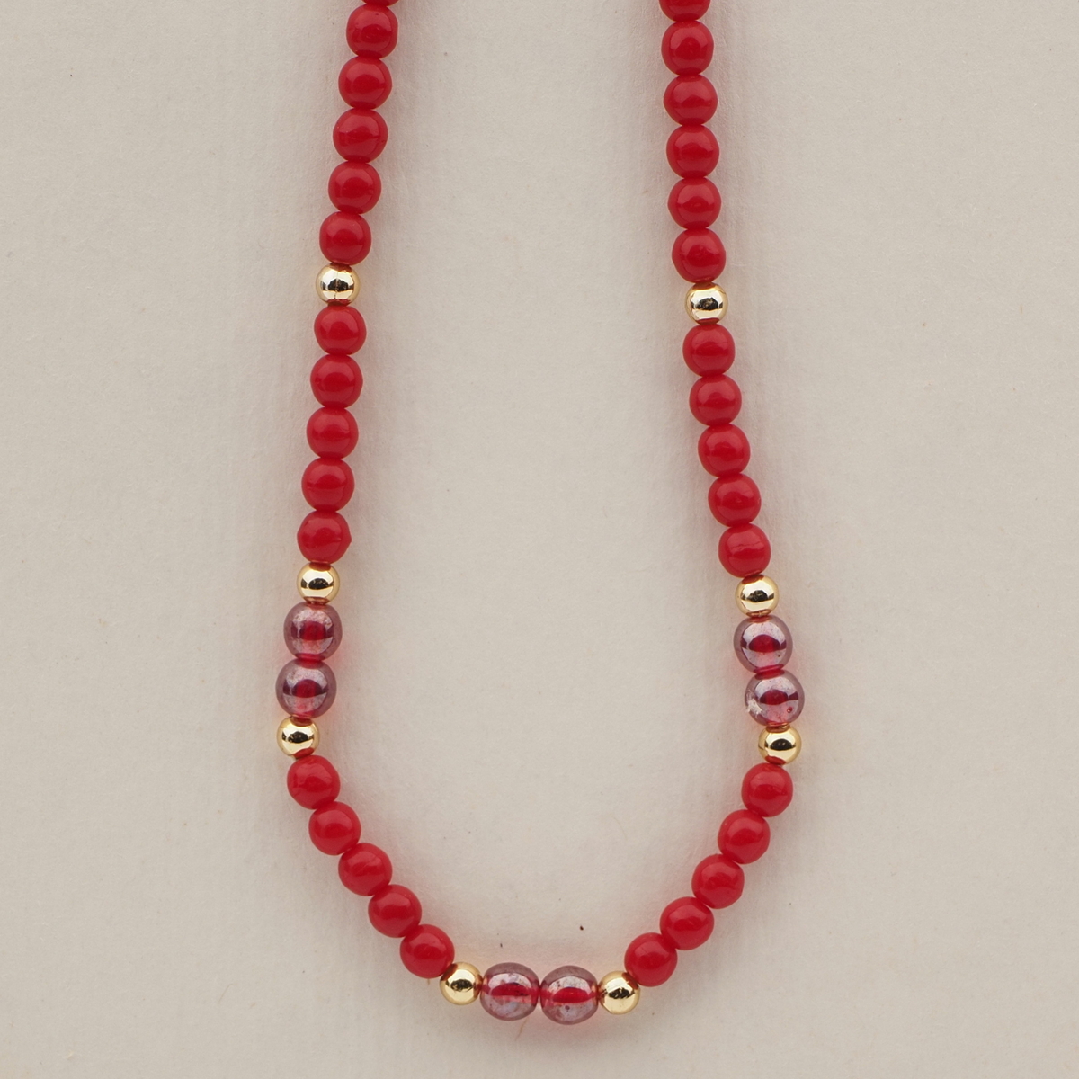Vintage Czech necklace red round lustre glass beads