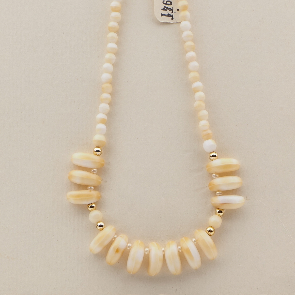 Vintage Czech necklace beige marble round tribal style tooth glass beads