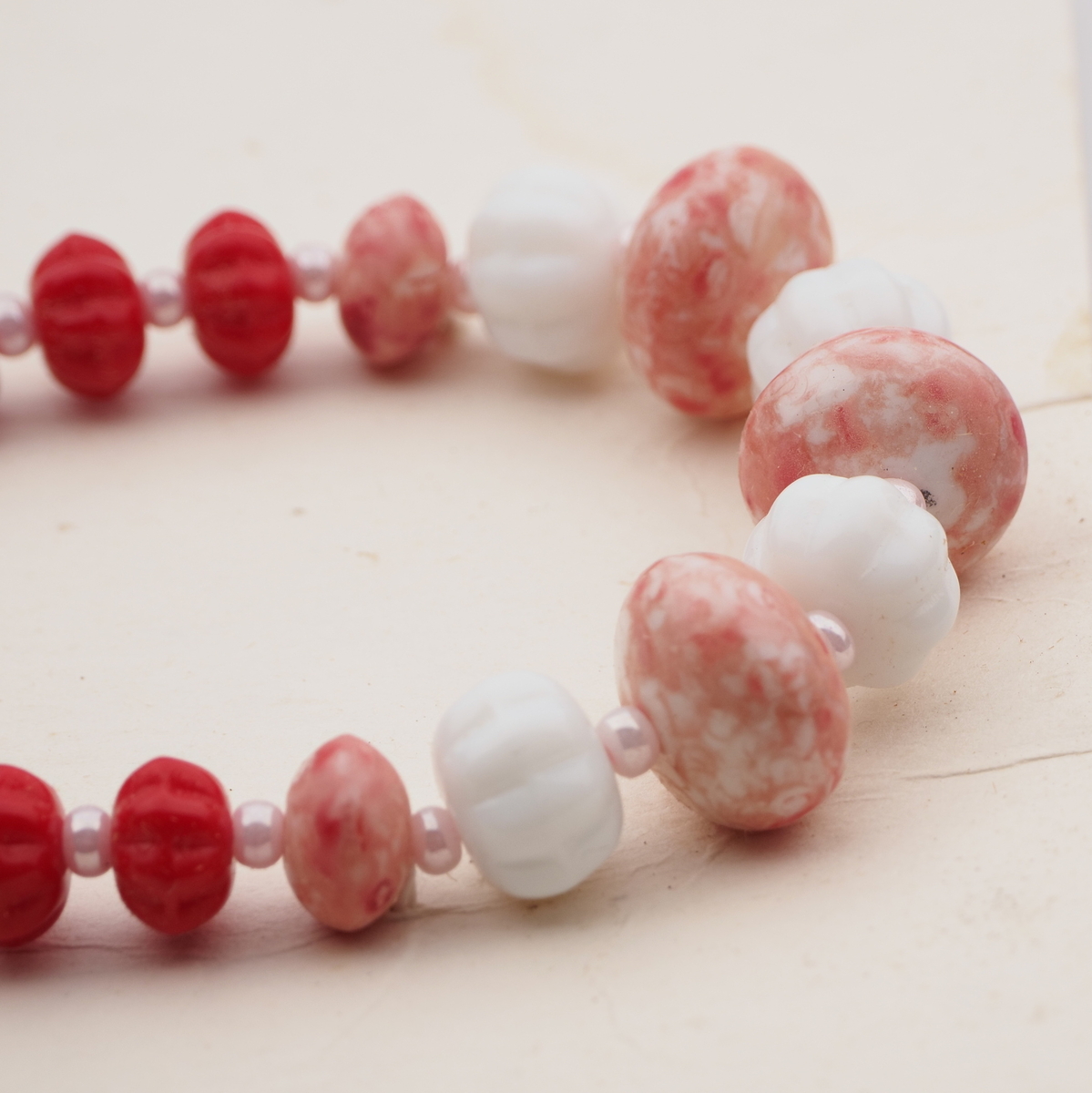 Vintage Czech necklace red white pink marble rondelle glass beads 