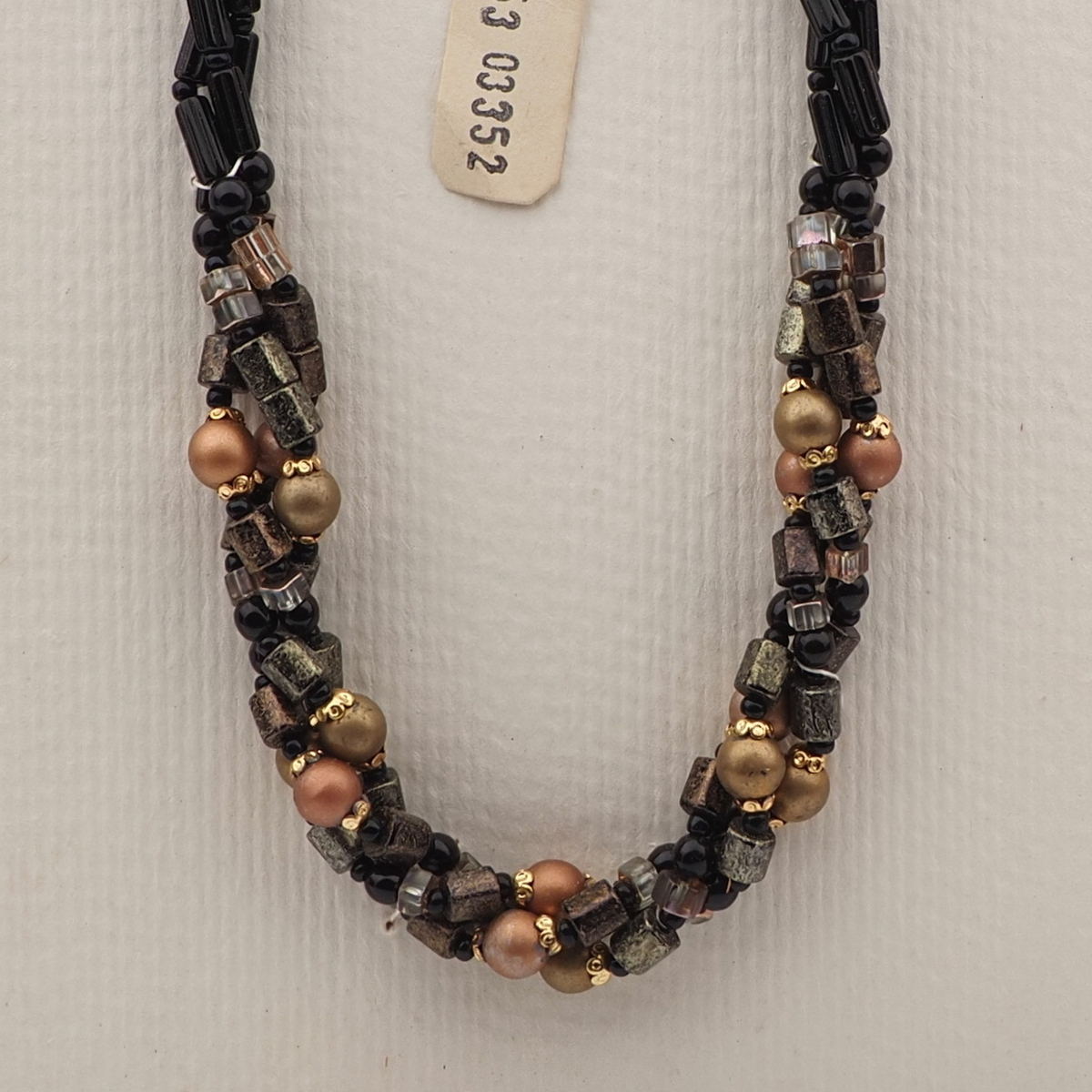 Vintage Czech 3 strand necklace black clear marble pentagon glass beads