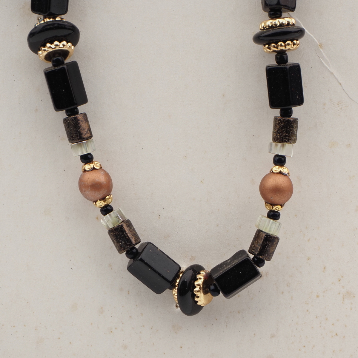 Vintage Czech necklace black clear marble pentagon glass beads 17"