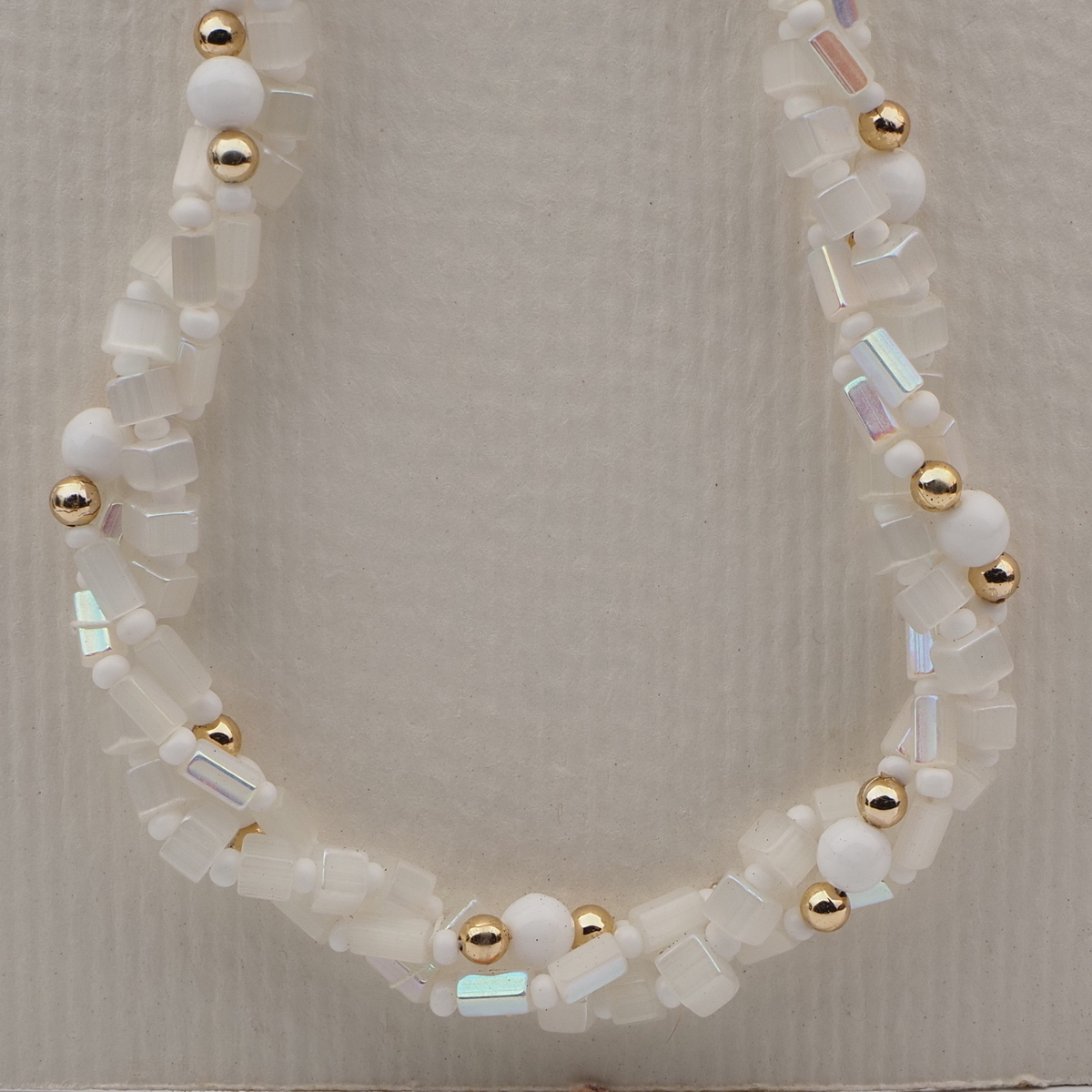 Vintage Czech 3 strand necklace AB frost satin atlas white glass beads