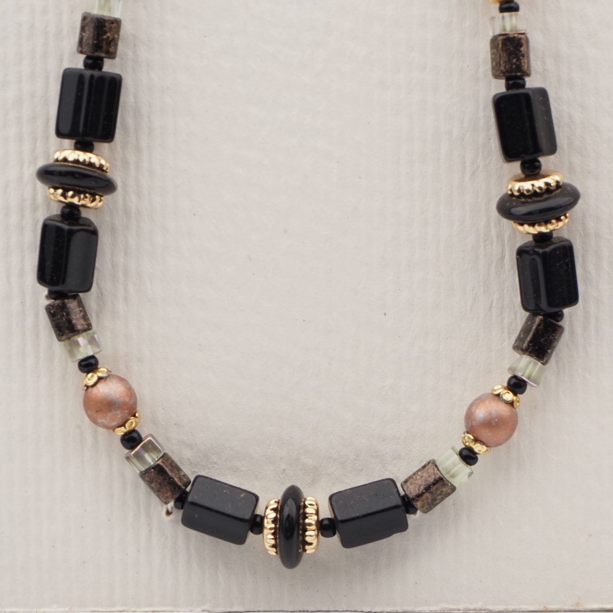 Vintage Czech necklace black clear marble pentagon glass beads