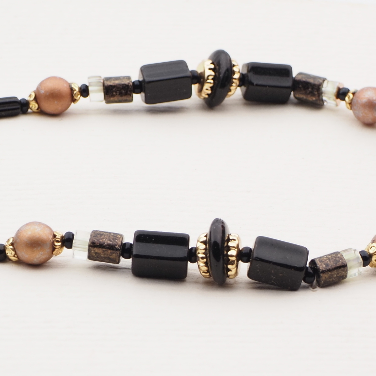 Vintage Czech necklace black clear marble pentagon glass beads