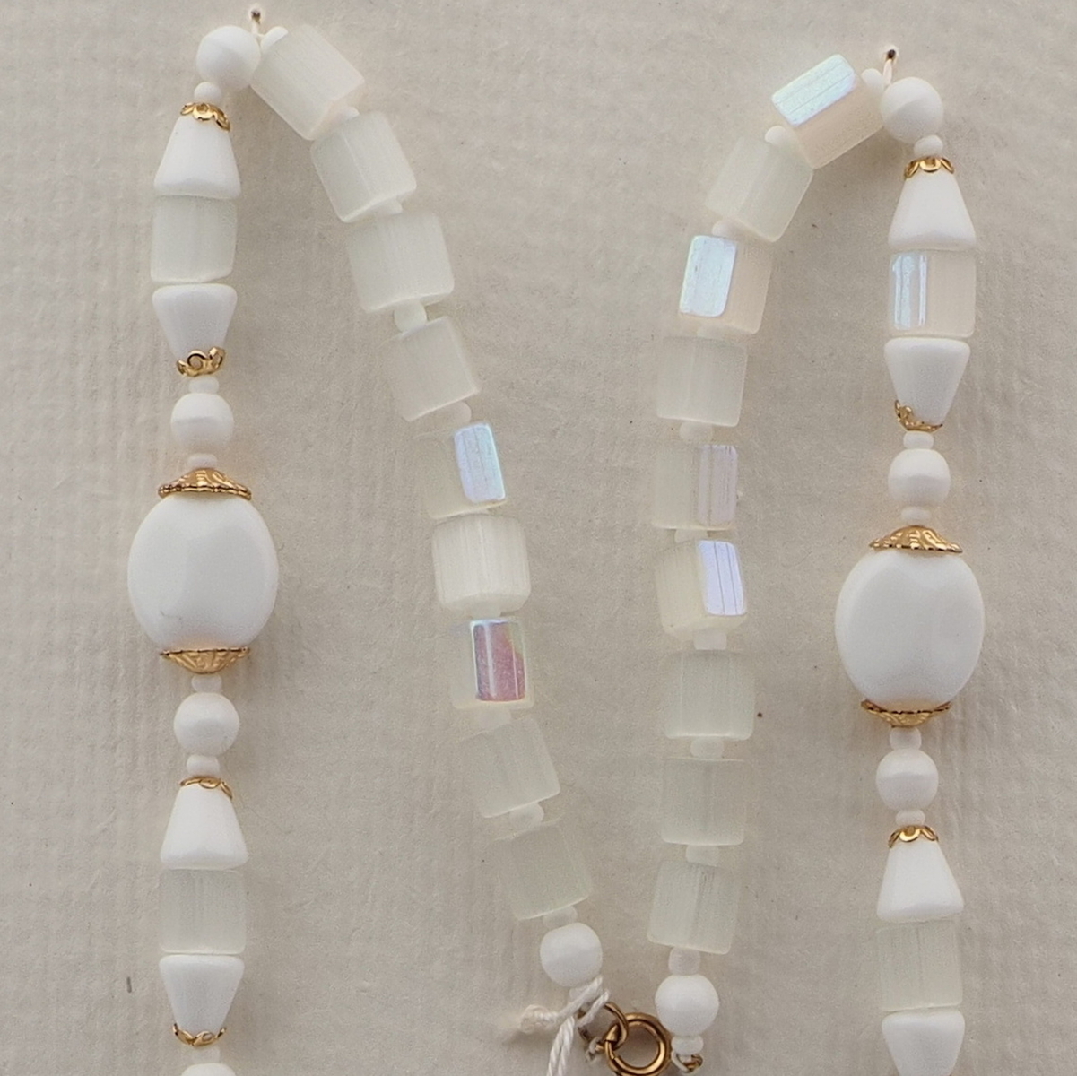 Vintage Czech necklace AB frost satin atlas white glass beads