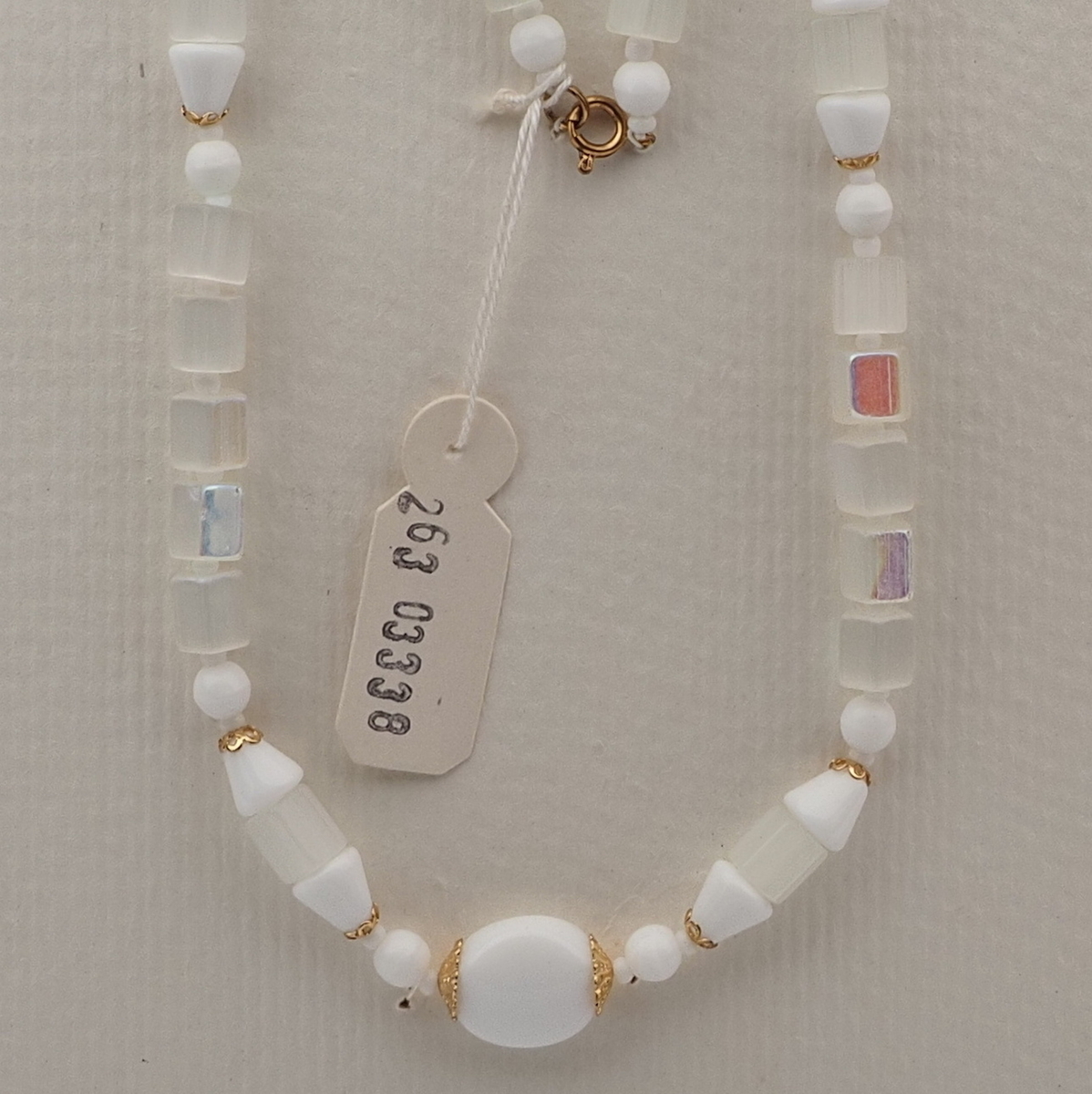Vintage Czech necklace AB frost satin atlas white glass beads