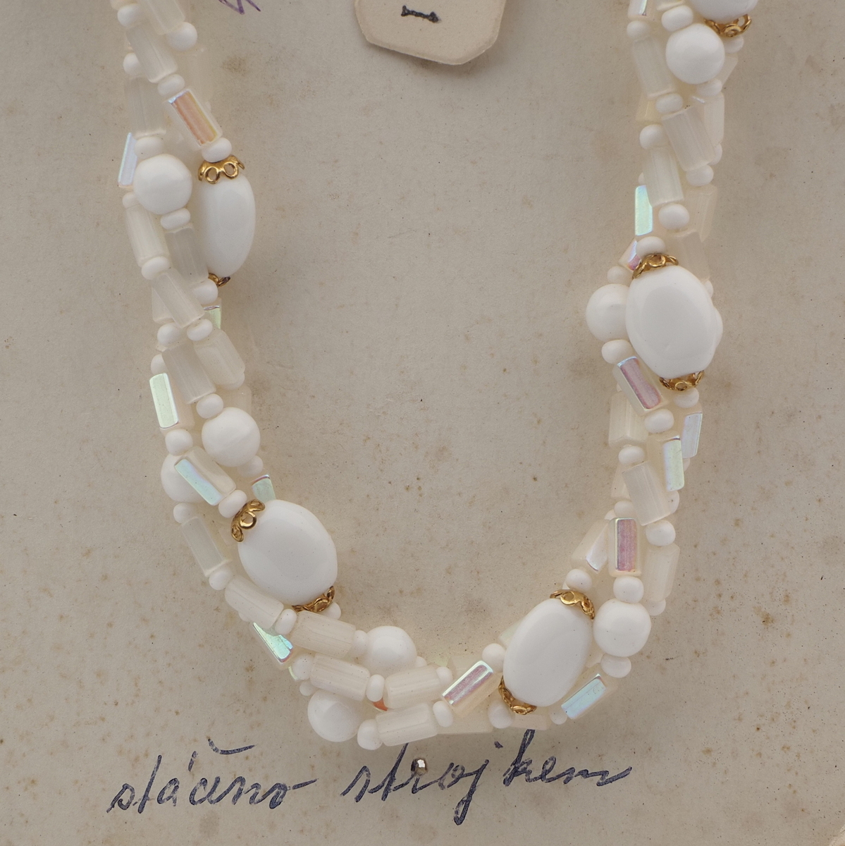 Vintage Czech 4 strand necklace AB frost satin atlas white glass beads
